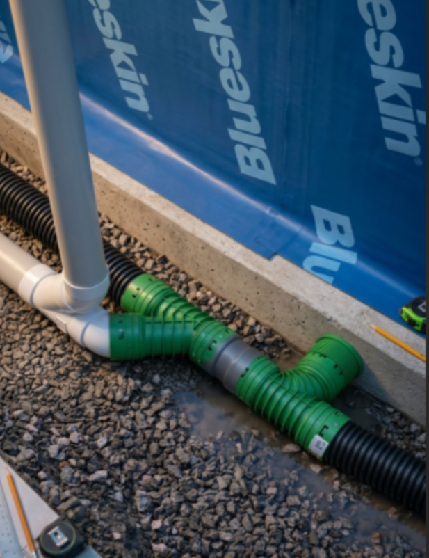 Raccordement de drain français avec membrane Blueskin